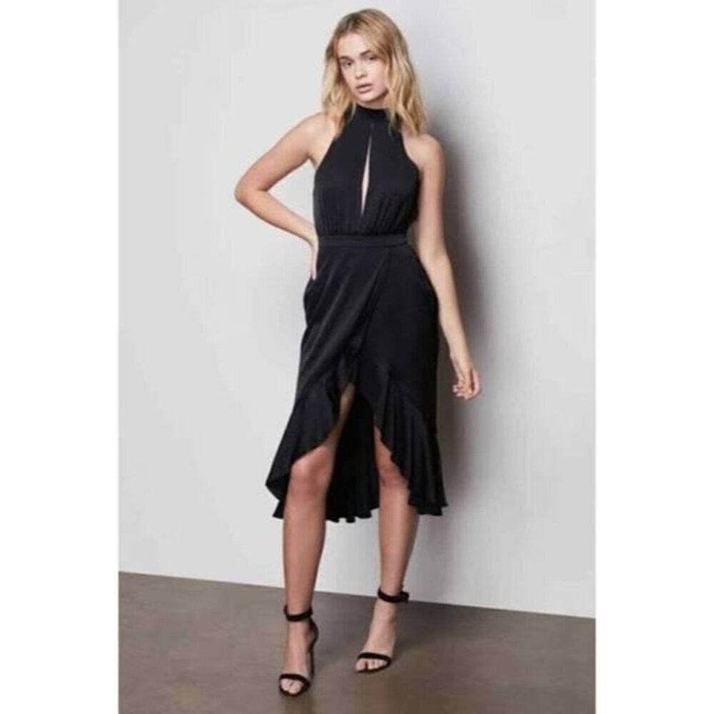 NWT Good American Black halter ruffle midi dress size L